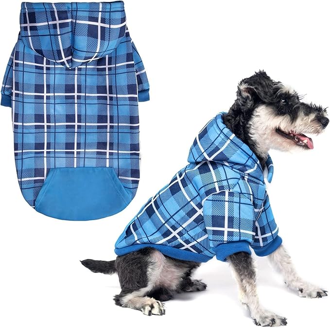 EXPAWLORER Plaid Dog Hoodie - British Style Warm Dog Sweater Shirt with Leash Hole,Pitbull Clothes Outfits,Winter Coat Apparel for All Breeds Puppy Girl Boy-Cat Apparel,Blue S-Medium