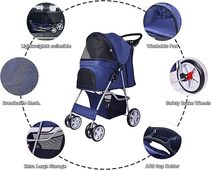 Elevon Pet Stroller, 4 Wheels Multifunction Dog Cat Stroller, Folding Portable Travel Stroller with Detachable Carrier, Suitable for Medium Small Dogs Cats, Blue