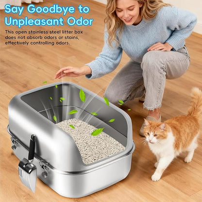 Stainless Steel Cat Litter Box, 23.6" L x 15.7" W x 11.8" H Extra Large Semi Enclosed Removable Metal Litter Tray with High Sided Enclosure, Scoop, Non-Sticky, Easy Cleaning