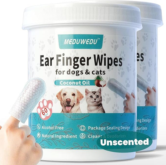MEDUWEDU Ear Cleaner Finger Wipes 120 Counts, Dog Ear Cleaner, Grooming Kit Care for Dogs and Cats, Soft & Easy Otic Cleaning Pads, Remove Wax, Dirt & Stop Smelly, Itchy, Non-Irritating, Unscented