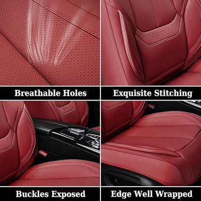 Coverado Universal Seat Covers Full Set, 5 Seats Universal Seat Covers for Cars, Waterproof Faux Leather Car Seat Covers with Head Pillow, Auto Protectors Fit for Most Sedans SUV Pick-up Truck-Red