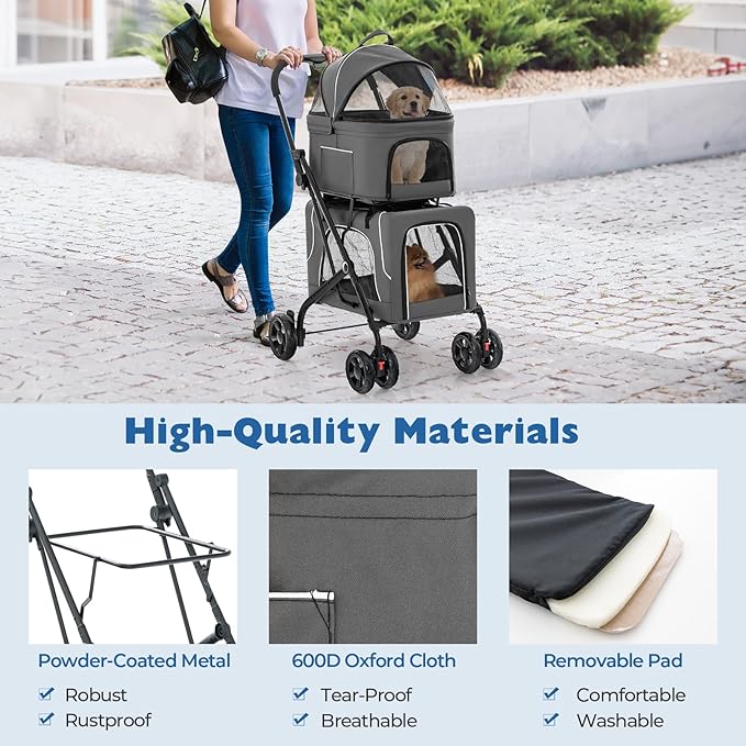 Foldable Pet Stroller, Removable Dog Stroller with 2 Front Universal Wheels, All Terrain Travel Cat Storage Bag with 2 Braked Rear Wheels, Pet Safety Seat, Gray