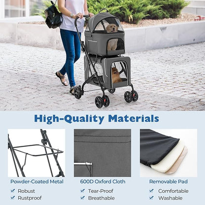 Foldable Pet Stroller, Removable Dog Stroller with 2 Front Universal Wheels, All Terrain Travel Cat Storage Bag with 2 Braked Rear Wheels, Pet Safety Seat, Gray