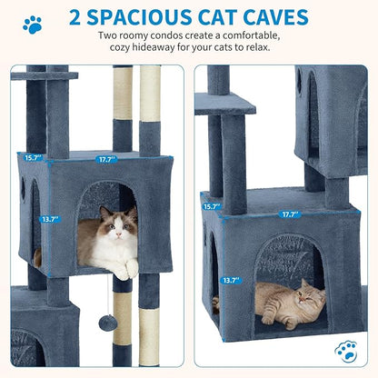 GarveeLife 61" Multi-Level Cat Tree for Indoor Cats, Heavy-Duty Tower for Large Adult & Maine Coon Cats with Oversized Perch, Dual Condos, Natural Sisal Scratching Posts & Play Toys – Light Blue