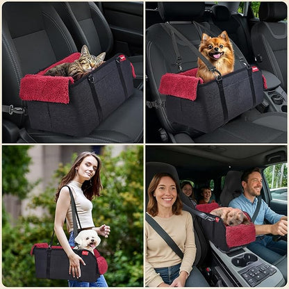 BurgeonNest Center Console Small Dog Car Seat - Portable Pet Cat Puppy Booster Armrest Carseat Up to 11lbs, Anti-Collapse Comfort Car Travel with Washable Fluffy Cushion and Pillow, Red