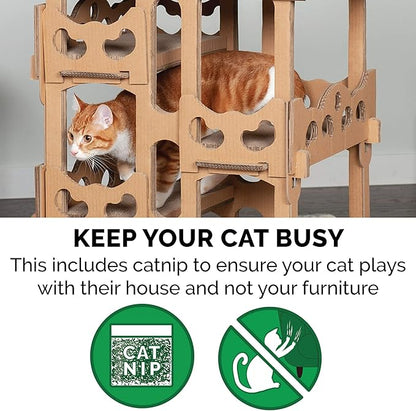 Furhaven Cardboard Cat House Tower Playground, Multi-Level Cat Tree Hideout Scratcher with Catnip