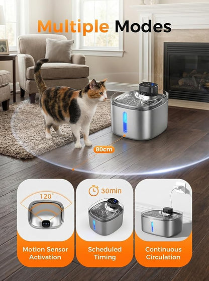 5L Cat Dog Water Fountain,Stainless Wireless Fountain | 5L wireless cat dog fountain for small dogs and multi-cat homes, sensor flow, quiet use, 4000mAh battery and 1 filter set