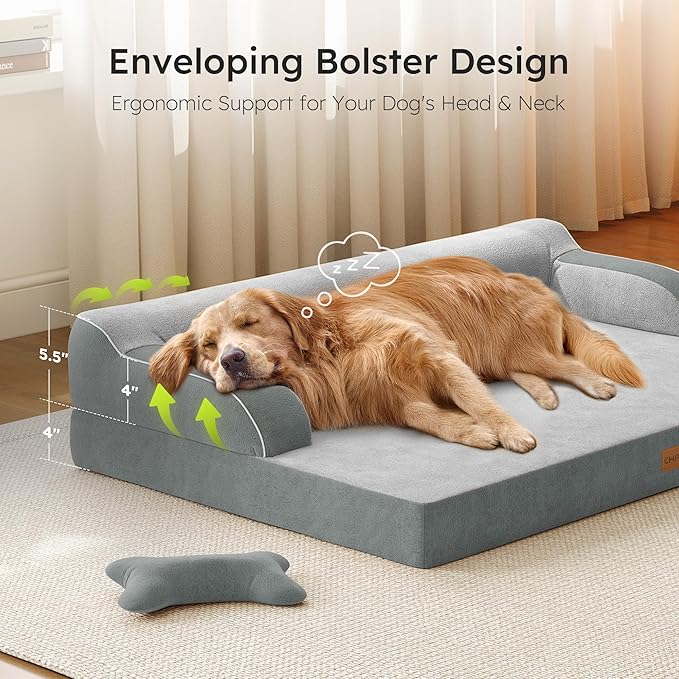 CWAWZ Large Orthopedic Dog Bed, Pet Bed Large Size Dog, Dual-Sided Cooling Beds with Memory Foam Washable Cover Nonslip Bottom, Waterproof Pet Beds with Bolsters, Light Grey