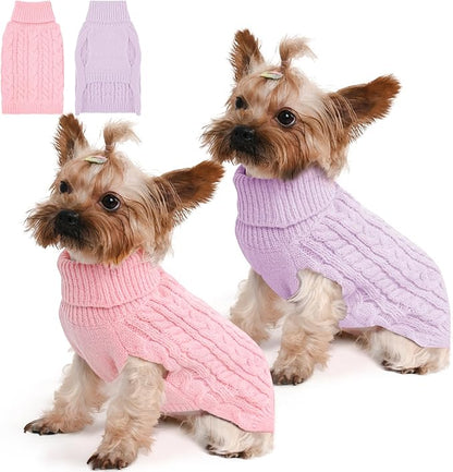2 Pack Dog Sweaters for Small Dogs Winter Turtleneck Pullover Cable Knit Fleece Stretch Puppy Doggie Chihuahua Toy Poodle Yorkie Pomeranian Boy Girl Pet Clothes (XS, Pink & Purple)
