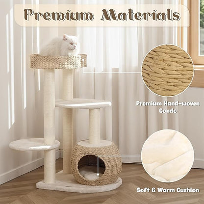 KAMABOKO Modern Cat Tree, Cat Trees for Indoor Cats w/Natural Sisal Scratching Posts, Hand-Woven Condo & Top Perch, 39" Tall Cat-Tree for Kittens Climb Play & Rest