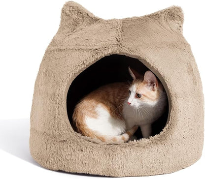 Best Friends by Sheri Meow Hut Fur Dome Pet Bed – Covered Cat Cave for Cats & Small Dogs up to 15 lbs, Faux Fur Hideaway with Water-Resistant Bottom, Machine Washable, Wheat