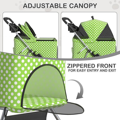 MoNiBloom 3 in 1 Foldable Pet Stroller for Small & Medium Dogs, Detachable Carrier, Car Seat, Push Button Entry, 4-Wheel Jogger for Pets up to 33 lbs, Lawn Green Polka Dots