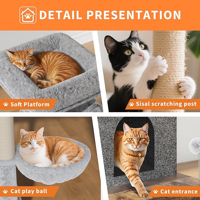 Cat Tree with Litter Box Enclosure Large, Multilevel Cat Play House with Large Condo, Spacious Hammock, Cozy Top Perch,Scratching Post and Dangling Balls