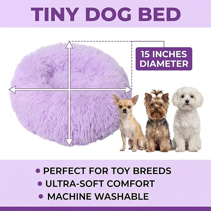 Tiny Dog Bed 15 Inch for Extra Small Dogs,Washable Puppy Bed,Soft Faux Fur Calming Donut Bed for Chihuahua Yorkie Maltese Pomeranian,Purple
