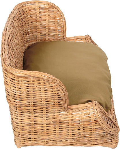 DBD1004B Handwoven Water Hyacinth Pet Daybed with Machine-Washable Cushion, 27.5" x 18" Wicker Sofa for Small to Medium Dogs and Cats, Vintage Style Elevated Pet Bed, Light Brown