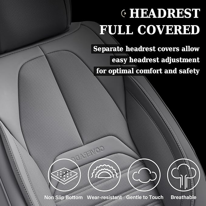 Coverado Car Seat Covers Full Set, Gray Seat Covers for Cars, Automotive Seat Covers, Waterproof Nappa Leather Front Seats and Back Car Seat Protector, Universal Fit for Most Cars SUV Trucks