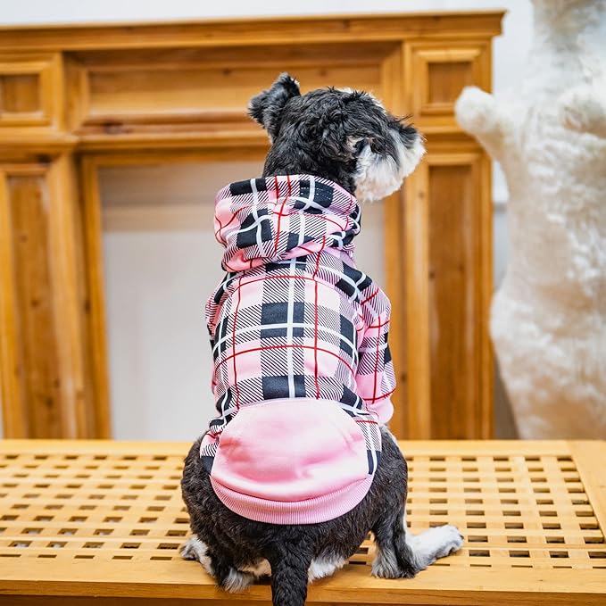 EXPAWLORER Plaid Dog Hoodie - British Style Warm Dog Sweater Shirt with Leash Hole,Pitbull Clothes Outfits,Winter Coat Apparel for All Breeds Puppy Girl Boy-Cat Apparel,Pink S-Medium