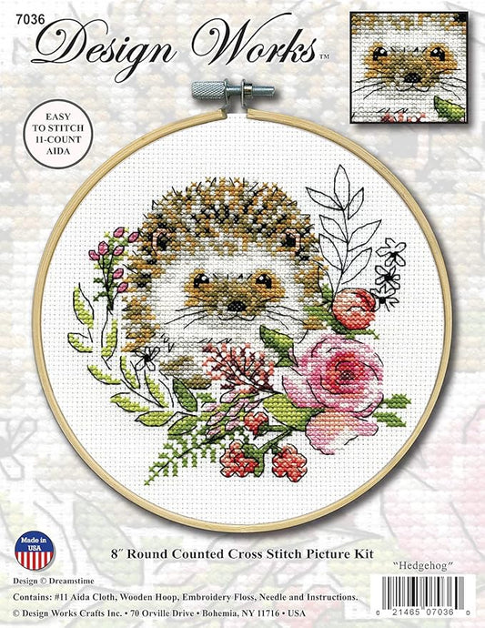 Design Works Hedgehog Counted Cross Stitch Kit – Adorable Animal Needlecraft Kit with Fabric, Thread & Needle – 6" x 6" Finished Size