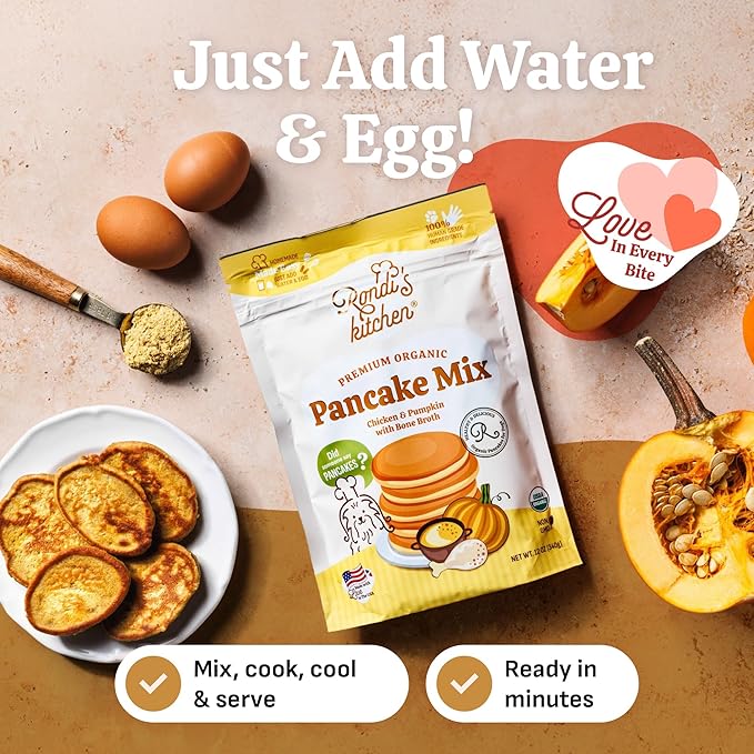 Rondi's Kitchen Organic Dog Pancake Mix - Natural Healthy Treat for All Dogs - Superfood Snack Made with Human-Grade Ingredients - Makes About 38 Pancakes - Chicken & Pumpkin with Bone Broth