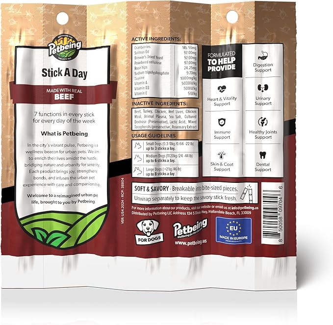 Stick a Day for Dogs | Specially Formulated 7-in-1 Functions Daily Real Meat Supplement for Dogs | Dog Chew Stick & Pet Vitamins Supplements Combination (7-Pack x 4, Beef)