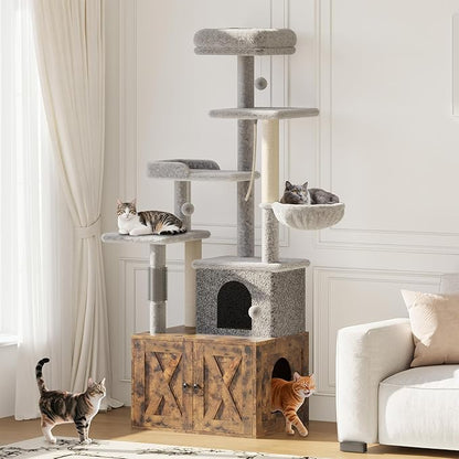 Cat Tree with Litter Box Enclosure Large, Multilevel Cat Play House with Large Condo, Spacious Hammock, Cozy Top Perch,Scratching Post and Dangling Balls