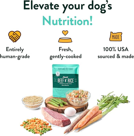 Portland Pet Food Company Fresh Dog Food Pouches - Human-Grade Toppers Wet Pet Meal & Mixers - Small & Large Breed Puppy & Senior Dogs - Gluten-Free, Limited Ingredient Rosie’s Beef N' Rice - 5 Pack