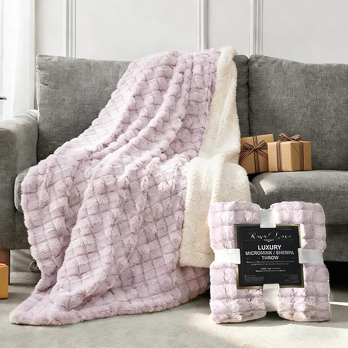 Royal Luxe Micromink Sherpa Throw Blanket for Couch, Fluffy Plush Reversible Throw Blanket for Sofa Bed Chair Room Decor - Luxury Soft Cozy Gifts for Women, 50 x 60 Inches, Red