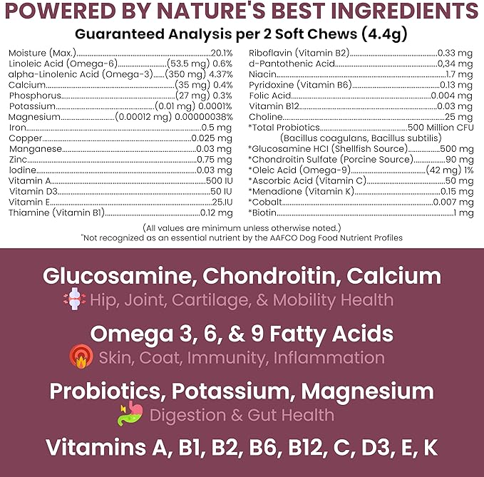 12-in-1 Multivitamin for Senior Dogs - 120 Senior Dog Vitamin and Supplement Soft Chews for Hip and Joint - Advanced Formula with Glucosamine, Omega 3,6,9, Vitamins, Probiotics - Made in the USA
