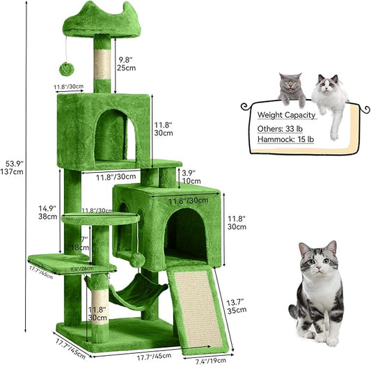 DWVO 54 in Multi-Level Cat Tower: Cats Tree for Indoor Kittens, Pet Furniture with Kitty Condos, Sisal Scratching Posts, Plush Perches, Cozy Hammock, Green
