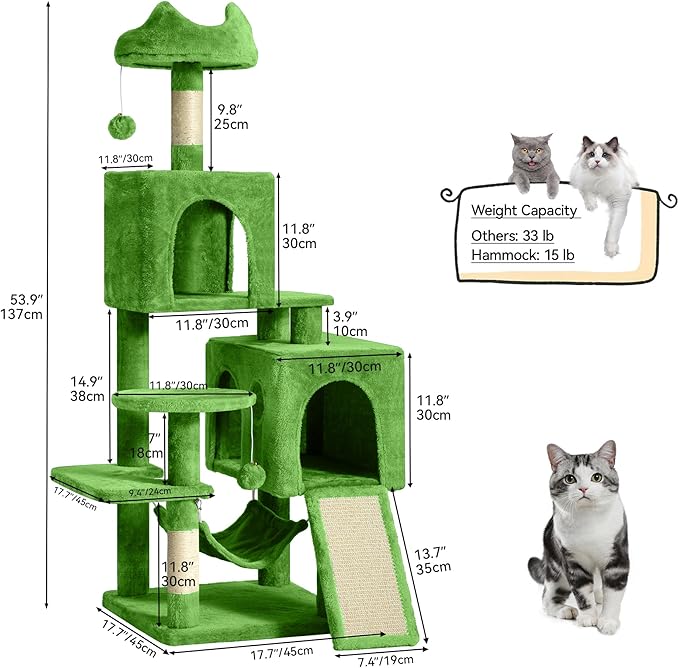 YITAHOME 54in Cat Tree Tower for Indoor Cats, Multi-Level Cat Climbing Tower with Sisal Scratching Post and Board, Cat Condos, Plush Top Perches, Hammock, Kittens Pet House Play, Green