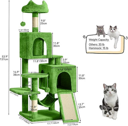 YITAHOME 54in Cat Tree Tower for Indoor Cats, Multi-Level Cat Climbing Tower with Sisal Scratching Post and Board, Cat Condos, Plush Top Perches, Hammock, Kittens Pet House Play, Green