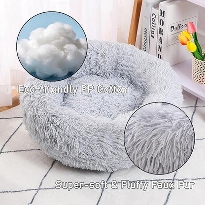 Calming Donut Dog Beds for Small Dogs Cats - Washable Removable Cover Non-Slip Bottom, Round Pet Bed Puppy Bed Warming Fluffy Faux Fur Anti-Anxiety, Fits up to 25 lbs (Light Grey, 23")