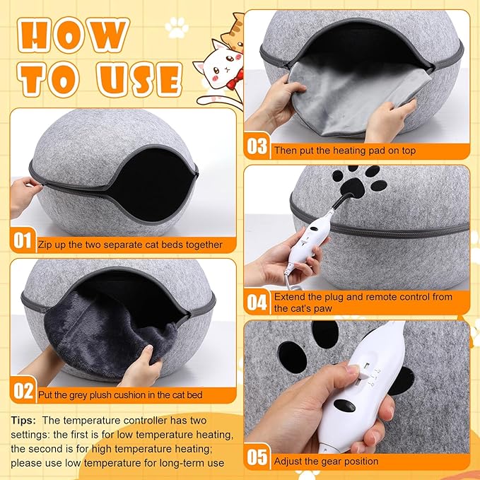Beeveer Heated Cat Bed, Indoor Heated Cat Cave, Warmer Thermal Pet Bed with Removable Waterproof Heater for Kitty Small Dogs Gray(19.7X 17.8 x 13 Inches)