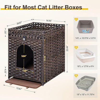 Snughome Cat Litter Box Enclosure Furniture Hidden with Litter Mat, Hidden Cat Washroom Furniture with Door, Handwoven Rattan Cat Washroom Box, Indoor Pet House for Living Room, Bedroom (Brown)