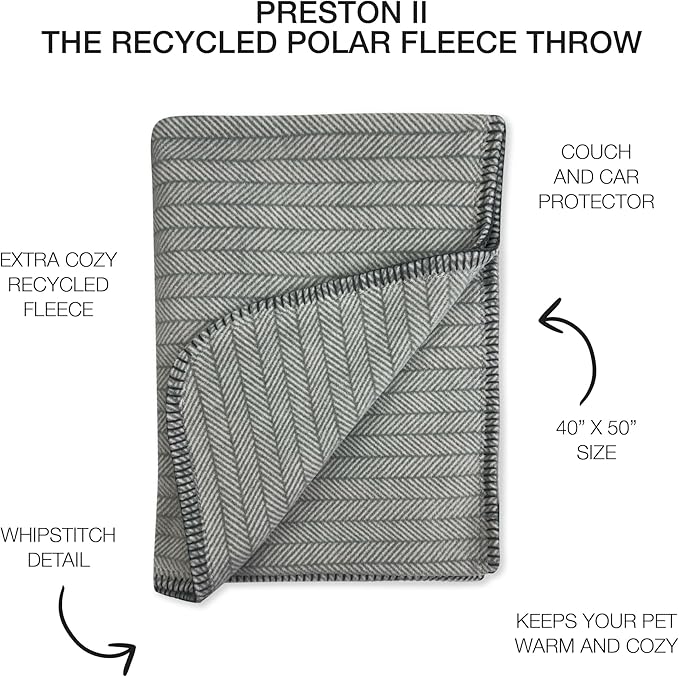 Preston II – THE Polar Fleece Throw, Super-Soft Recycled Polar Fleece Dog Blanket Couch Coat Sofa and Car Protecter for Small, Medium, Large Dogs - 40”x 50”, Dove Gray Herringbone, One Size