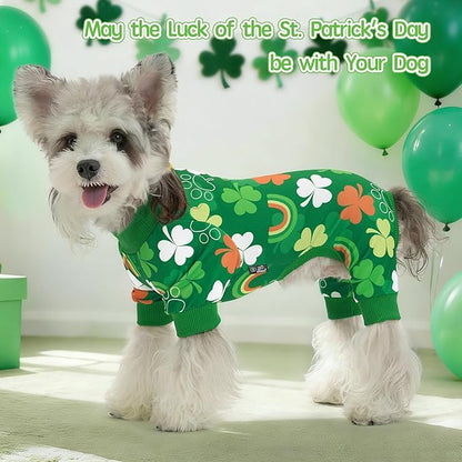 XPUDAC Dog Pajamas St. Patrick's Day Soft Dog Onesie Shamrock Puppy Clothes Comfy Stretchy Pet Outfit for Small Medium Dogs, S