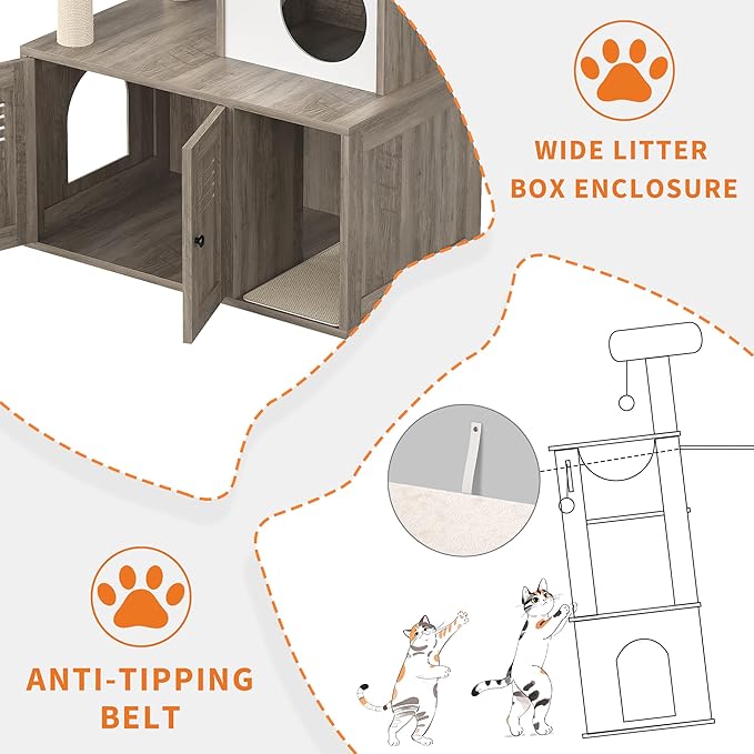 Garvee Cat Litter Box Enclosure with Tree Tower and Condo, Hidden Pet Washroom Furniture with Sisal Scratching Post,Hammocks and Soft Plush Perch, Wooden Cat Furniture with Multiple Platforms,Grey