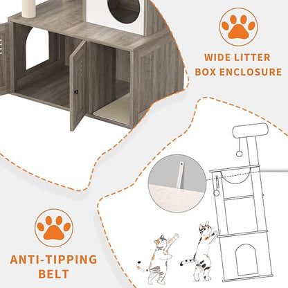 Garvee Cat Litter Box Enclosure with Tree Tower and Condo, Hidden Pet Washroom Furniture with Sisal Scratching Post,Hammocks and Soft Plush Perch, Wooden Cat Furniture with Multiple Platforms,Grey