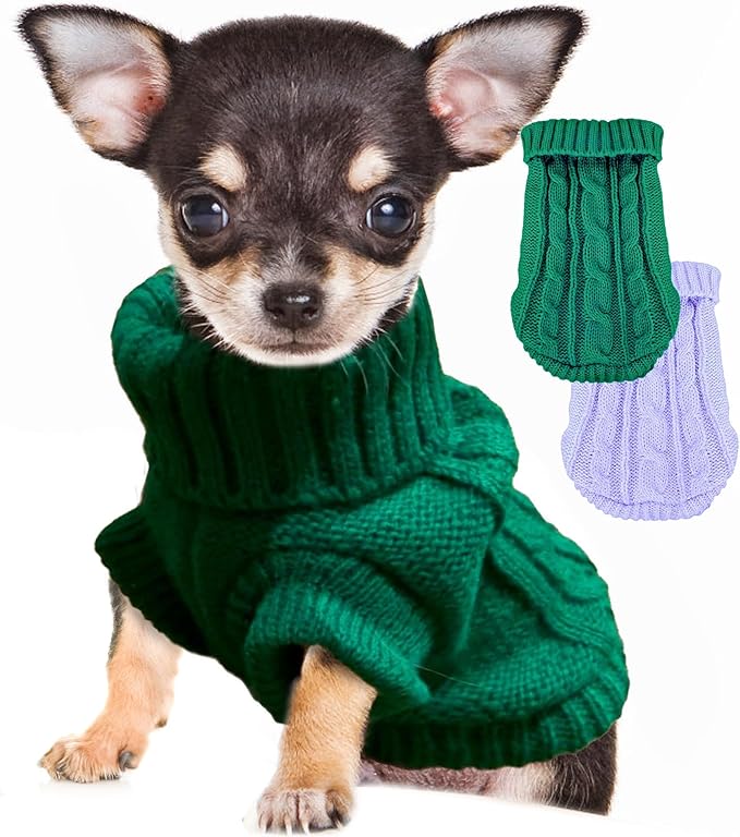 2 Pack Small Dog Sweaters Dog Christmas Sweater Turtleneck Knit Winter Warm Pullover Clothing Pet Cat Cold Weather Outfits for Small Dogs, Green and Purple, Large
