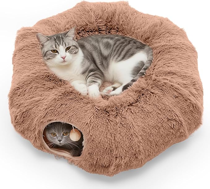 DUMOS Cat Tunnel Bed for Indoor Cats Cave Donut Play Tunnel with Soft Plush Peekaboo, Circle Cushion, Washable Multifunctional Playground Under Tree Pet Toys for Kittens, Puppy Rabbit, Ferret, Brown