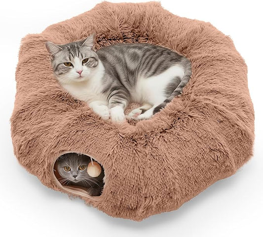 DUMOS Cat Tunnel Bed for Indoor Cats Cave Donut Play Tunnel with Soft Plush Peekaboo, Circle Cushion, Washable Multifunctional Playground Under Tree Pet Toys for Kittens, Puppy Rabbit, Ferret, Brown