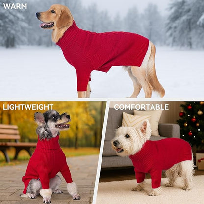 cyeollo Dog Christmas Sweaters for Medium Dogs Male, Stretchy Warm Turtleneck Doggy Clothes for Fall Winter, Thermal Knit Pet Apparel with Sleeves, Red XL
