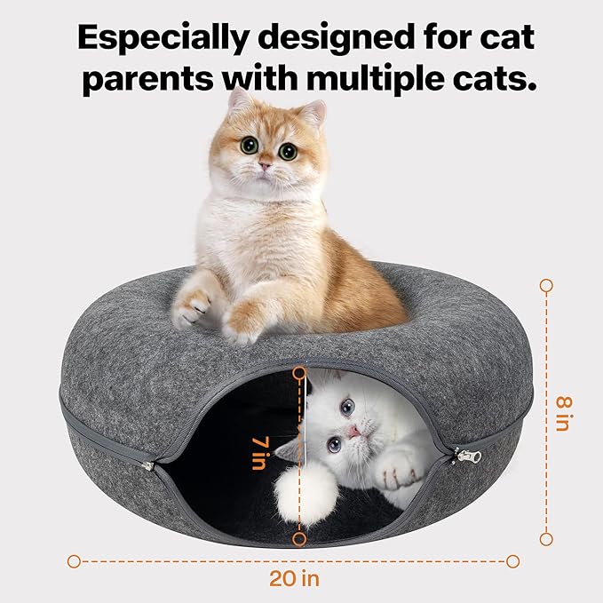 Pawise Peekaboo Cat Cave Donut Tunnel Bed, Cat Tunnel Bed,Convertible Felt Cats Cave for Indoor Catty, Comes with Random Catty Teaser Wand & Cat Collar(Large)