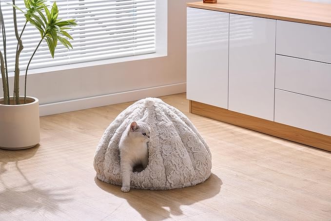 PetPals Round Cat Bed Small Pet Cave with Removeable and Washable Cushion, Super Soft Plush Pet Bed with Cover for Puppy and Kitten, Anti-Slip Bottom (Rose Hut)