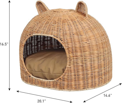 CBD1000B Cat Ear 20" x 14.5" Handwoven Water Hyacinth Pet Bed, Wicker Cat Hideaway Dome with Machine-Washable Cushion, Coastal Woven Pet House for Cats and Small Dogs, Light Brown