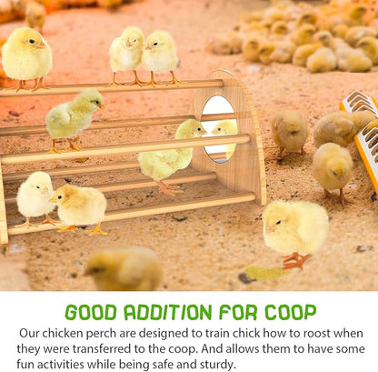 Bamboo Chicken Perch with Mirror, Strong Roosting Bar for coop and brooder, Training Perch for Large Bird, Hens, Parrots, Macaw, Easy to Assemble and Clean, Fun Toys for Chicken