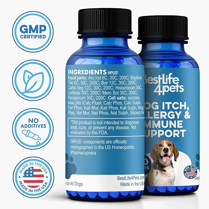 Dog Allergy Relief & Immune System Booster – Homeopathic Formula for Allergy Support & Skin Relief for Dog Itching – Helps with Sneezing, Runny Nose, Swelling, & Seasonal Allergies – 400 Tiny Pills