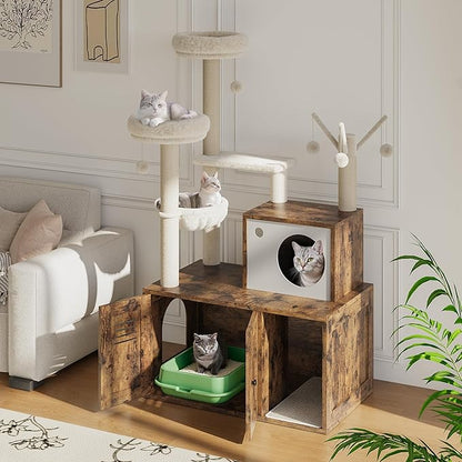 Furniture Style Cat Tree Tower & Hidden Litter Box Cabinet Combo – Multi-Level Cat House with Sisal Scratching Posts, Perch & Luxury Hammock