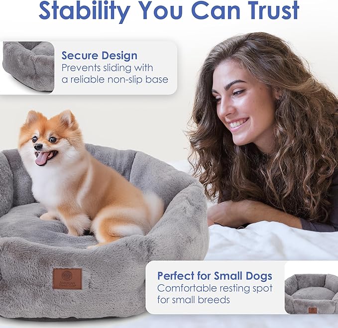 American Kennel Club Round Plush Dog Bed - 20" Cozy Donut Design for Small Pets, Ultra-Soft Washable Pet Bed with Non-Slip Bottom, Durable High-Loft Filling, Gray