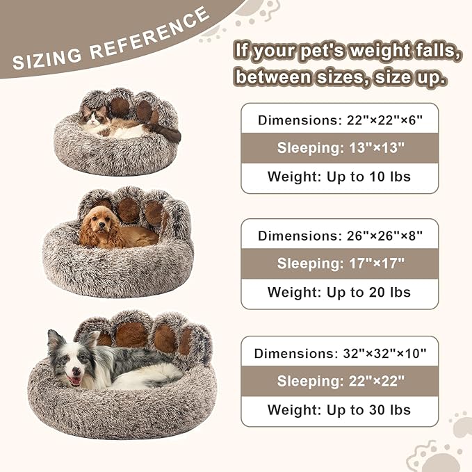 Jiupety Paw Shape Calming Pet Bed, Medium Plush Faux Fur Donut Bed for Dogs & Cats, Machine Washable, Non-Slip Bottom, Extra Large Size (32"×32"×10"), Gray